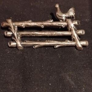 Vintage Sterling Silver Rooster on Fence Brooch